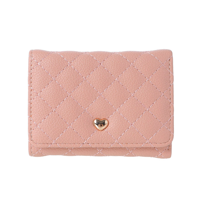 Women's Heart Shaped Diamond Lattice Pattern Short Trifold Wallet(Pink)
